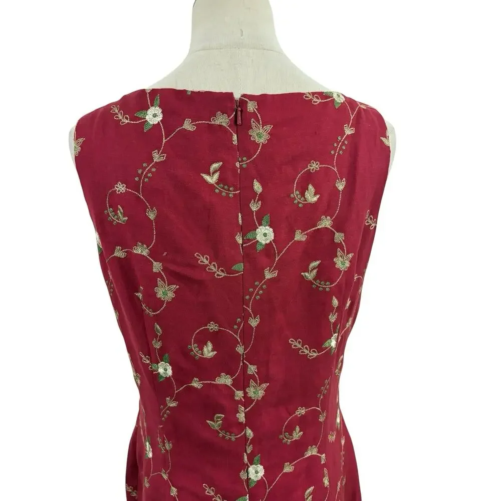 Vtg 90s Maggie London‎ Linen Blend Red Dress Sheath Embroidered Floral Sz 8 Y2K